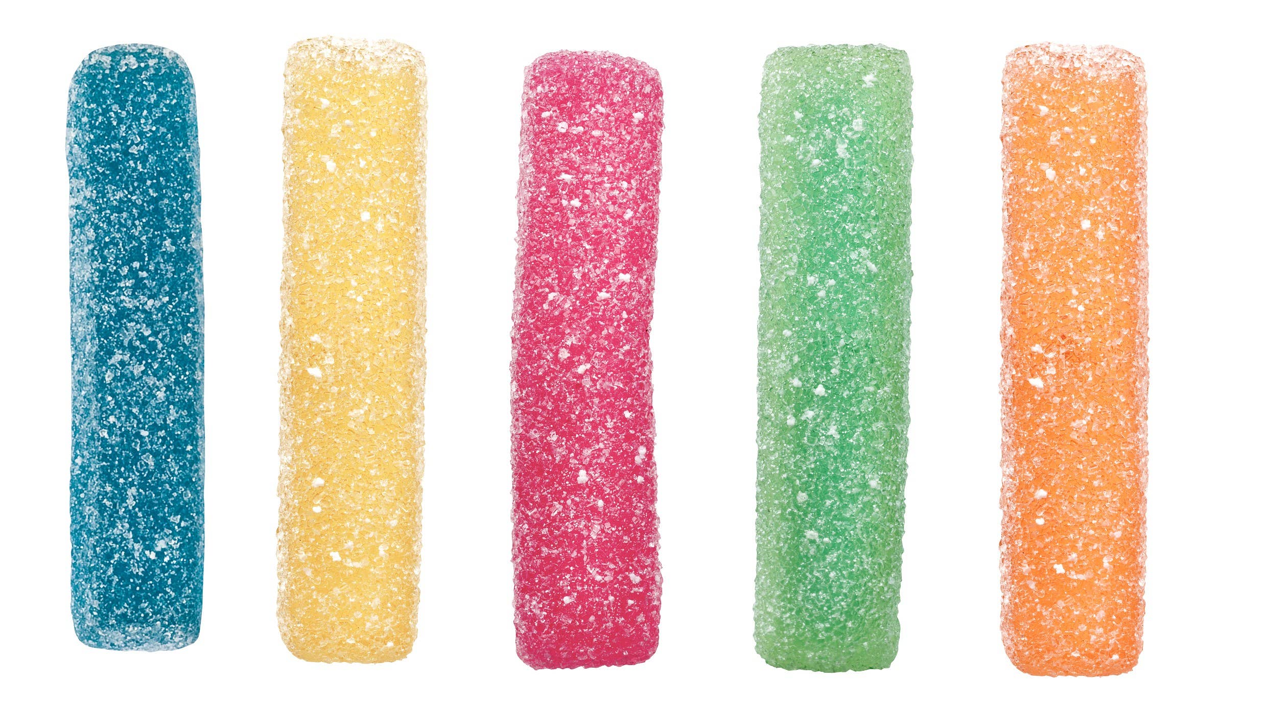 Five colorful gummy worms on a white background
