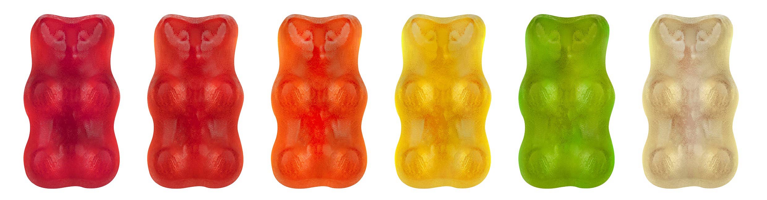 Five colorful gummy bear candies in a row on a white background