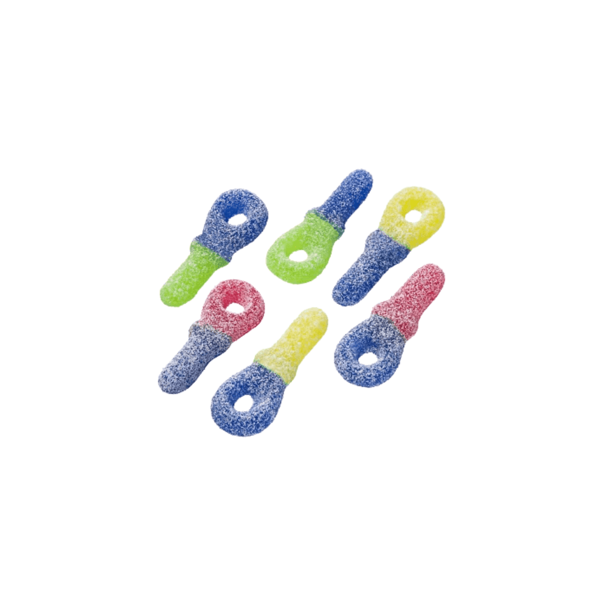 Colorful key-shaped gummy candies on a white background